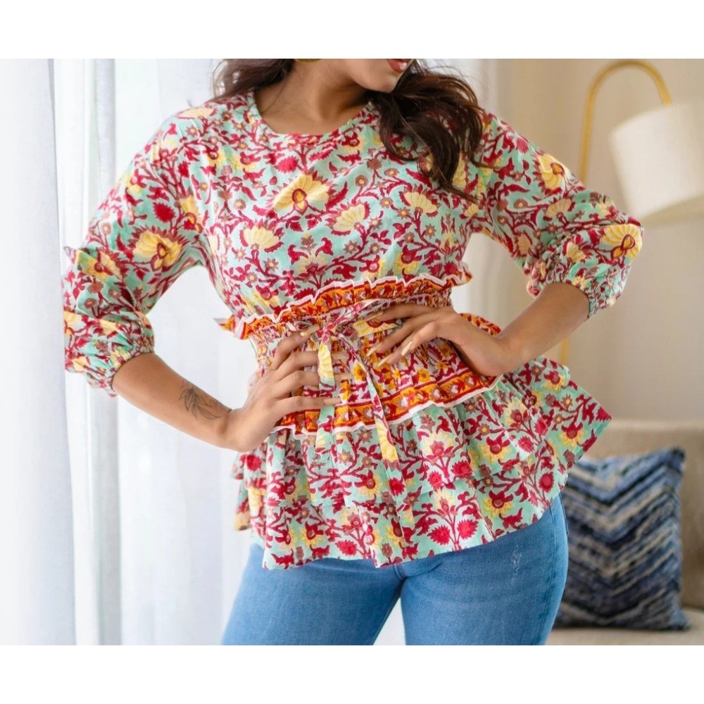 Sohana Que Top Women's XS Multicolor Floral Cinched‎ Waist Poplin Boho Festival